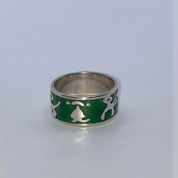 Vtg Southwestern Sterling Silver Symbols & Green Enamel Wide Band Ring Sz 8.5 - Picture 2 of 7